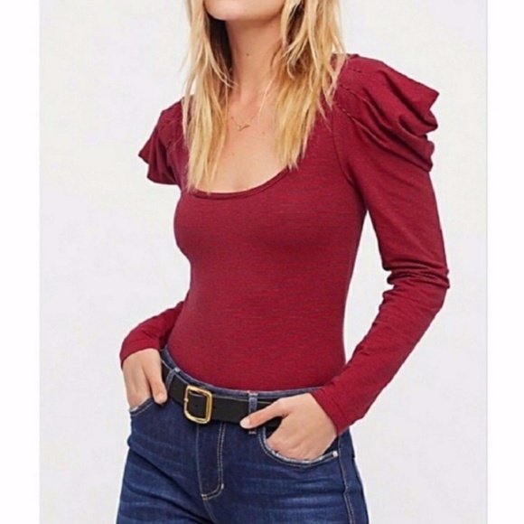 Free People Tops - Free People Red Stripe Puff Sleeve Penelope Top
